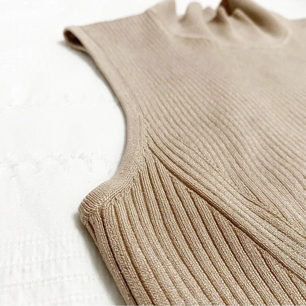 Marciano CAMEL TAN RIBBED STRETCH MOCK NECK SLEEVELESS BODYCON DRESS - Picture 9 of 10